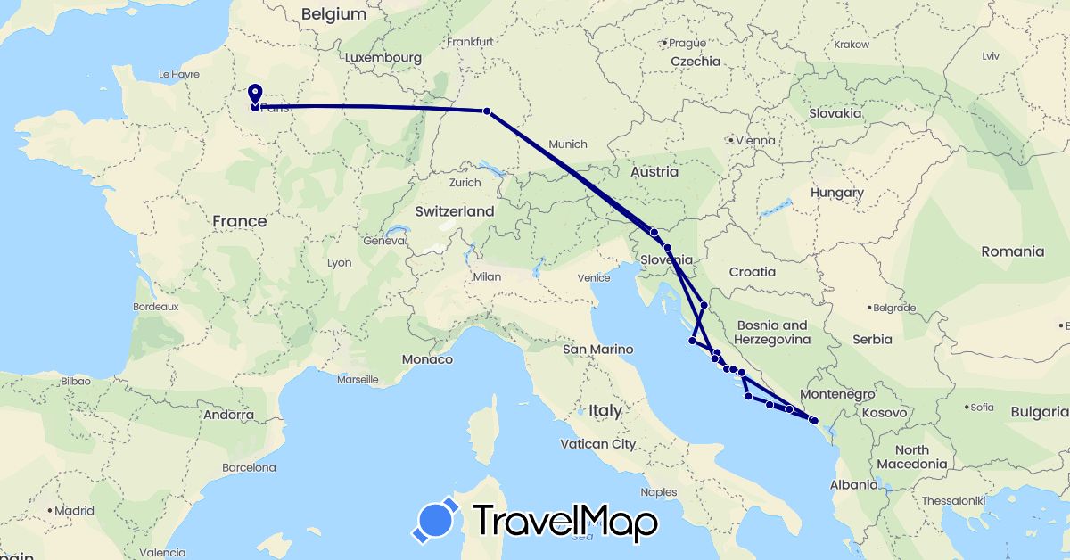TravelMap itinerary: driving in Germany, France, Croatia, Montenegro, Slovenia (Europe)